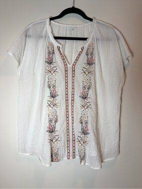 J. Jill White Embroidered Cotton Gauze Boho Peasant Blouse Top Size Medium
